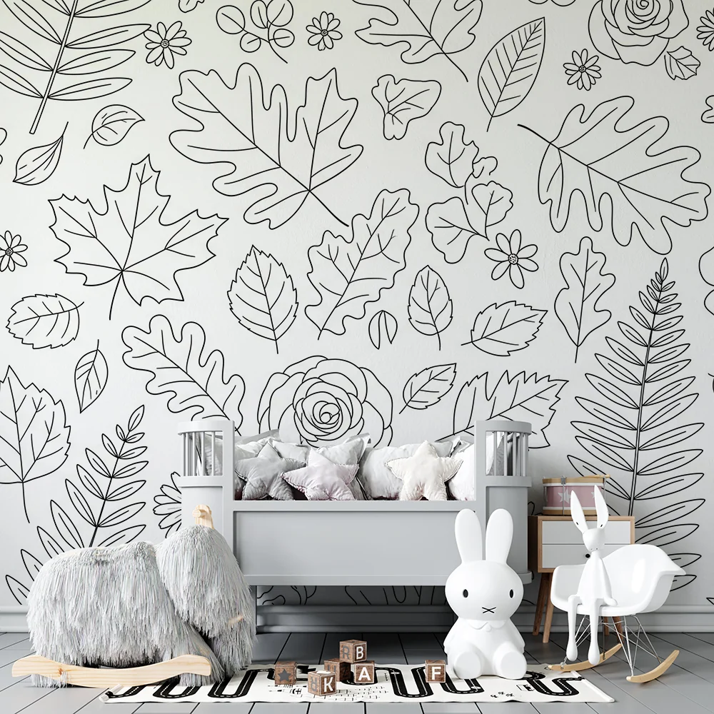Papel de parede crianç | Padrões de folhas e flores em contornos delicados