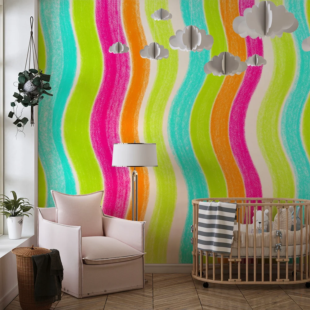 Papel de parede crianç | Padrões ondulados coloridos em rosa, verde e azul