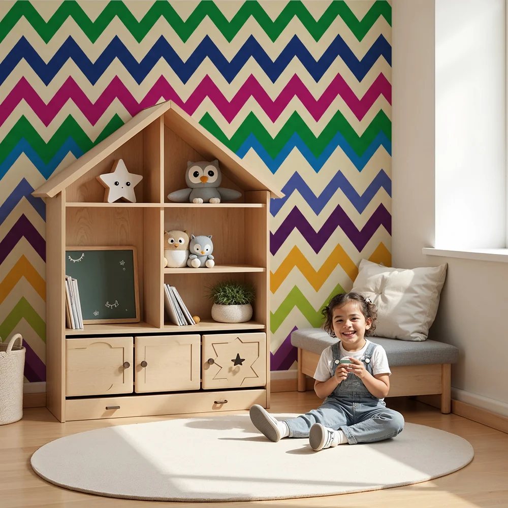 Papel de parede crianç | Padrão colorido em zigue-zague em verde, roxo e rosa