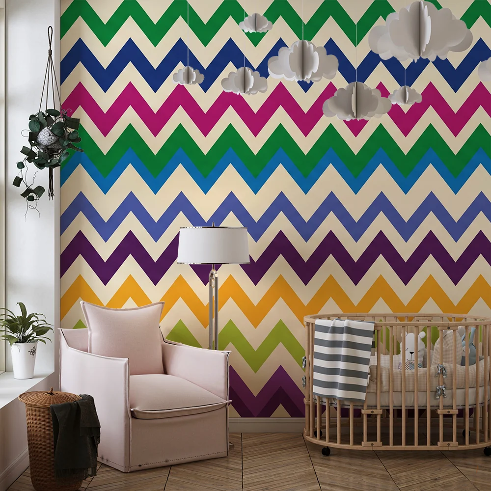 Papel de parede crianç | Padrão colorido em zigue-zague em verde, roxo e rosa