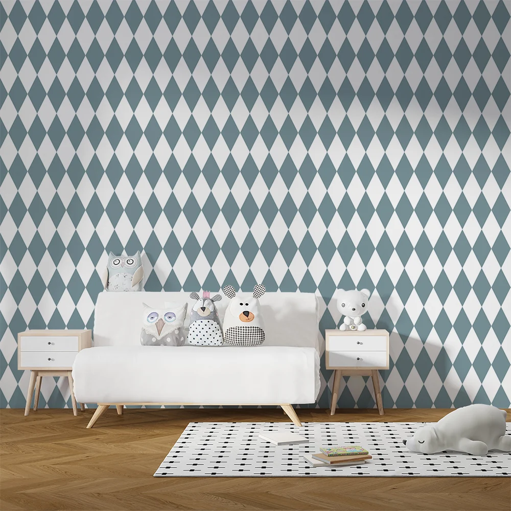 Papel de parede crianç | Padrão de losangos em azul suave em fundo branco
