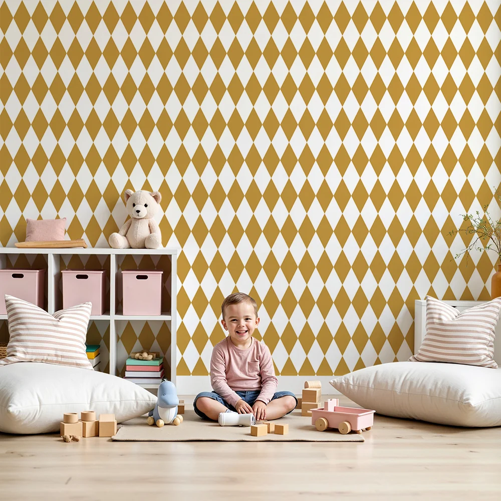 Papel de parede crianç | Padrão de losangos dourados em fundo branco