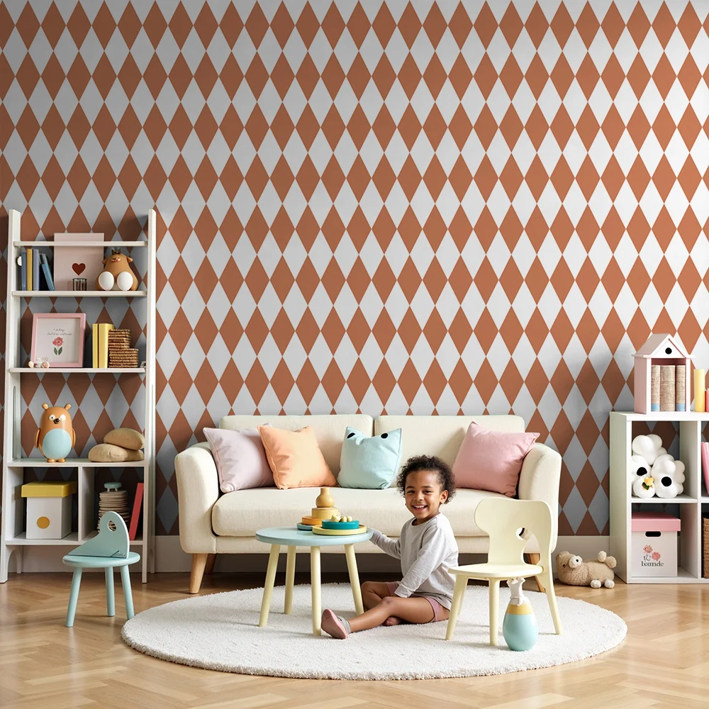 Papel de parede crianç | Padrão de losangos terracota em fundo branco