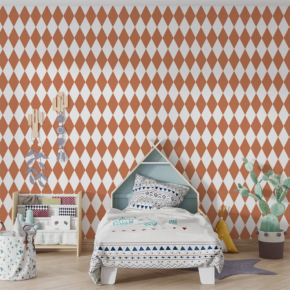 Papel de parede crianç | Padrão de losangos terracota em fundo branco