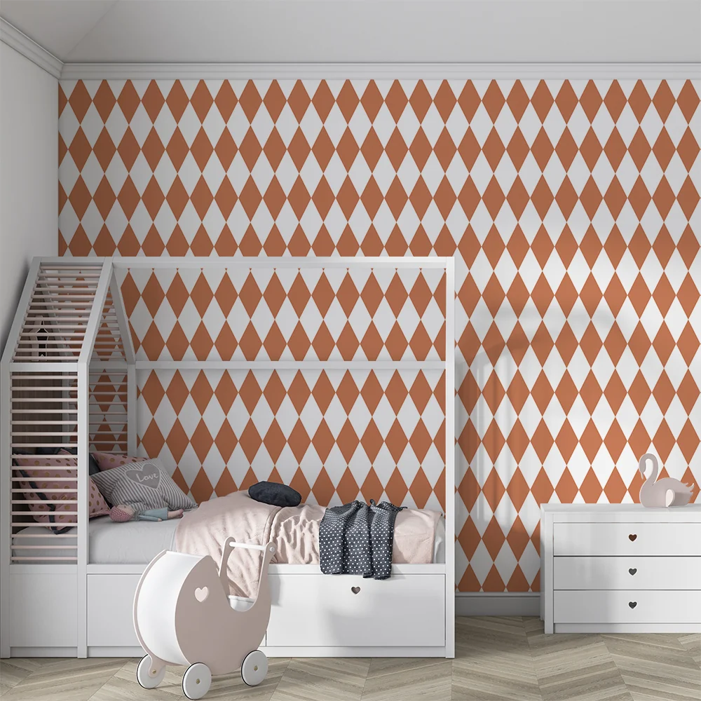 Papel de parede crianç | Padrão de losangos terracota em fundo branco
