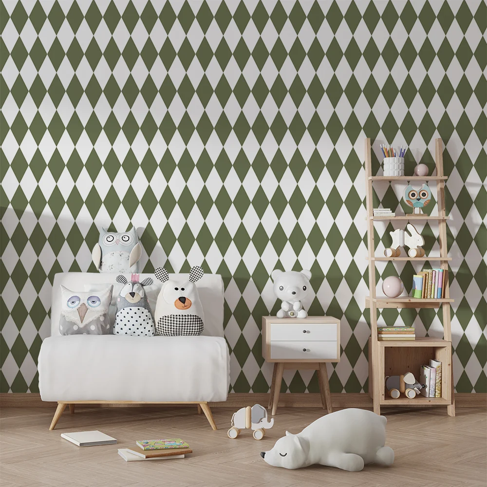Papel de parede crianç | Padrão de losangos verdes e brancos para um ambiente moderno