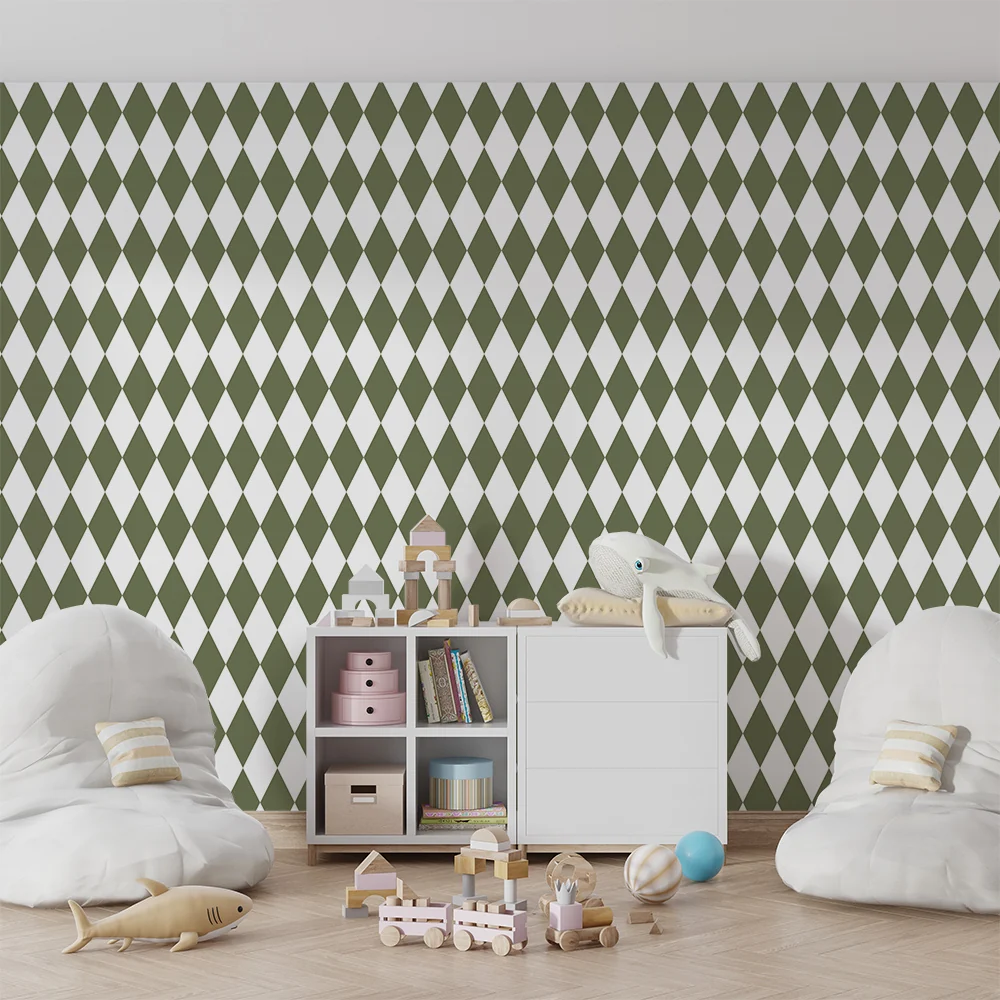 Papel de parede crianç | Padrão de losangos verdes e brancos para um ambiente moderno