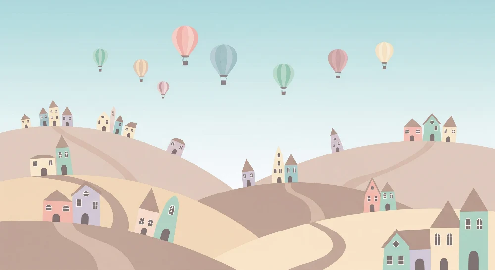 Papel de parede crianç | Paisagem de colinas pastel com casas e balões de ar quente