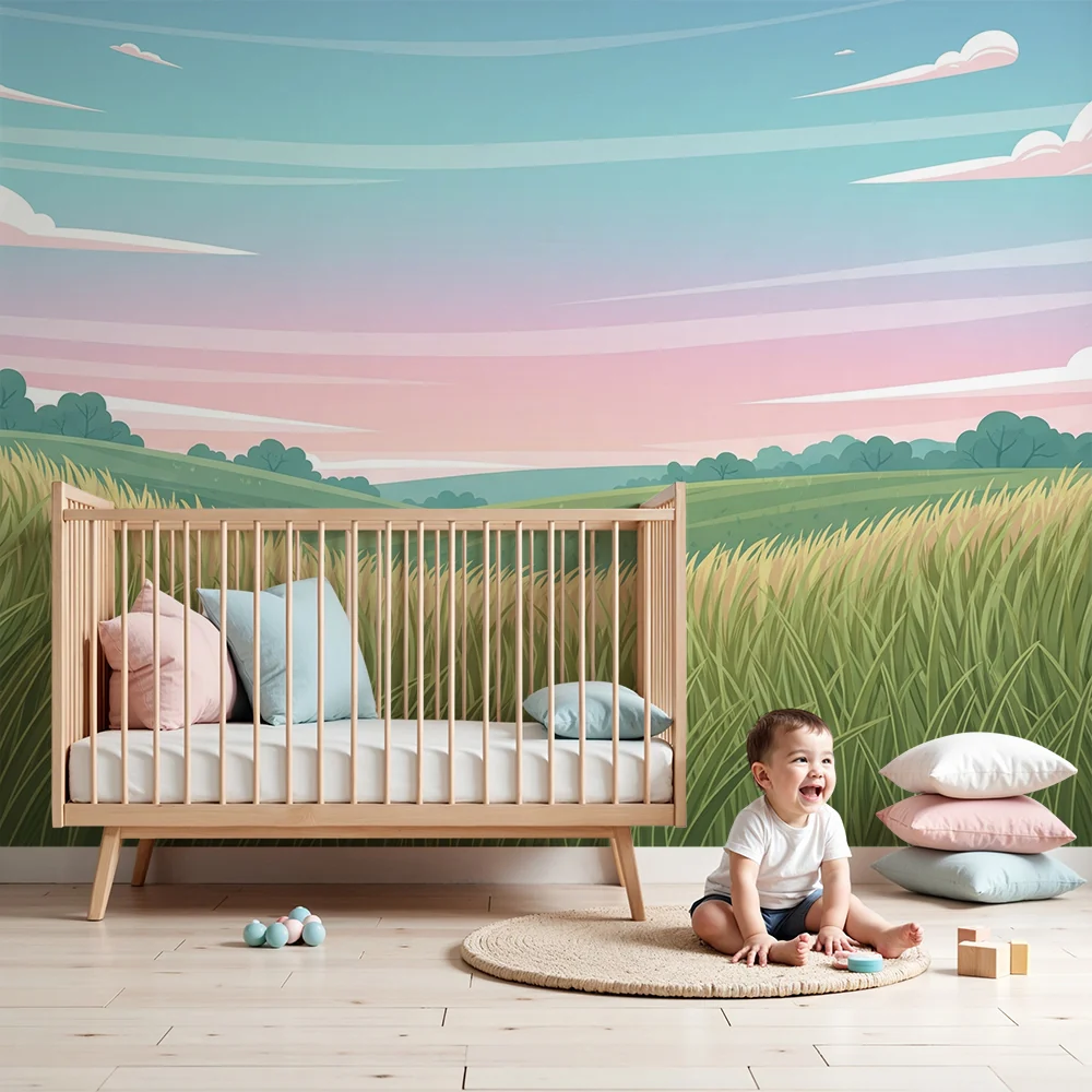 Papel de parede crianç | Paisagem de prados verdejantes sob um céu pastel