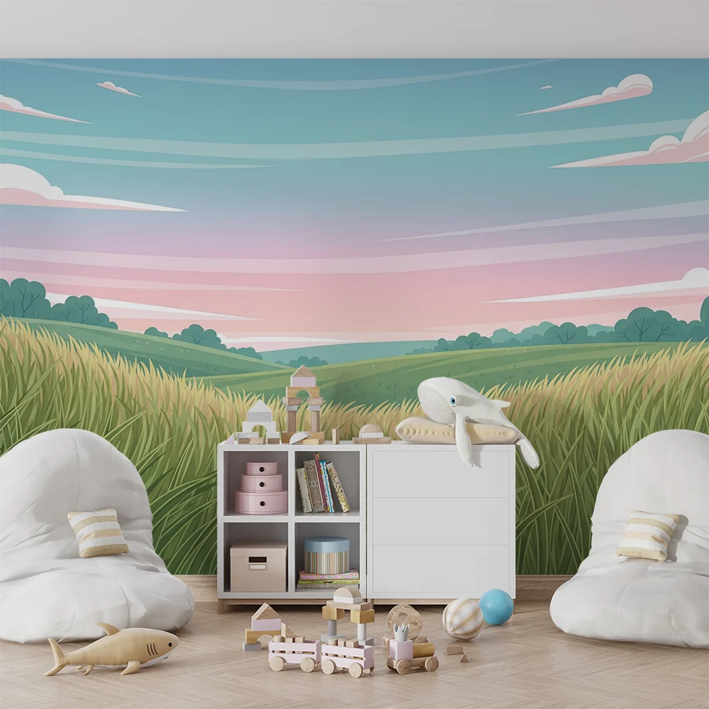 Papel de parede crianç | Paisagem de prados verdejantes sob um céu pastel