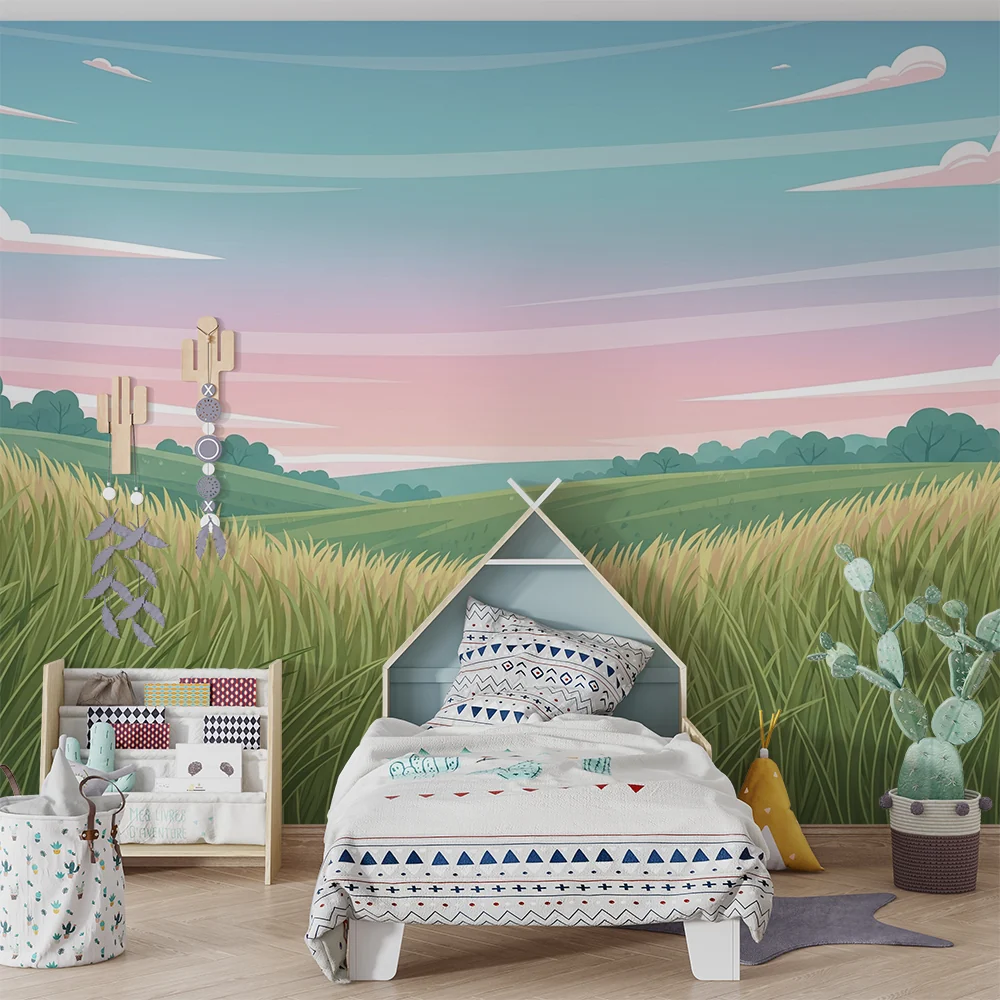 Papel de parede crianç | Paisagem de prados verdejantes sob um céu pastel
