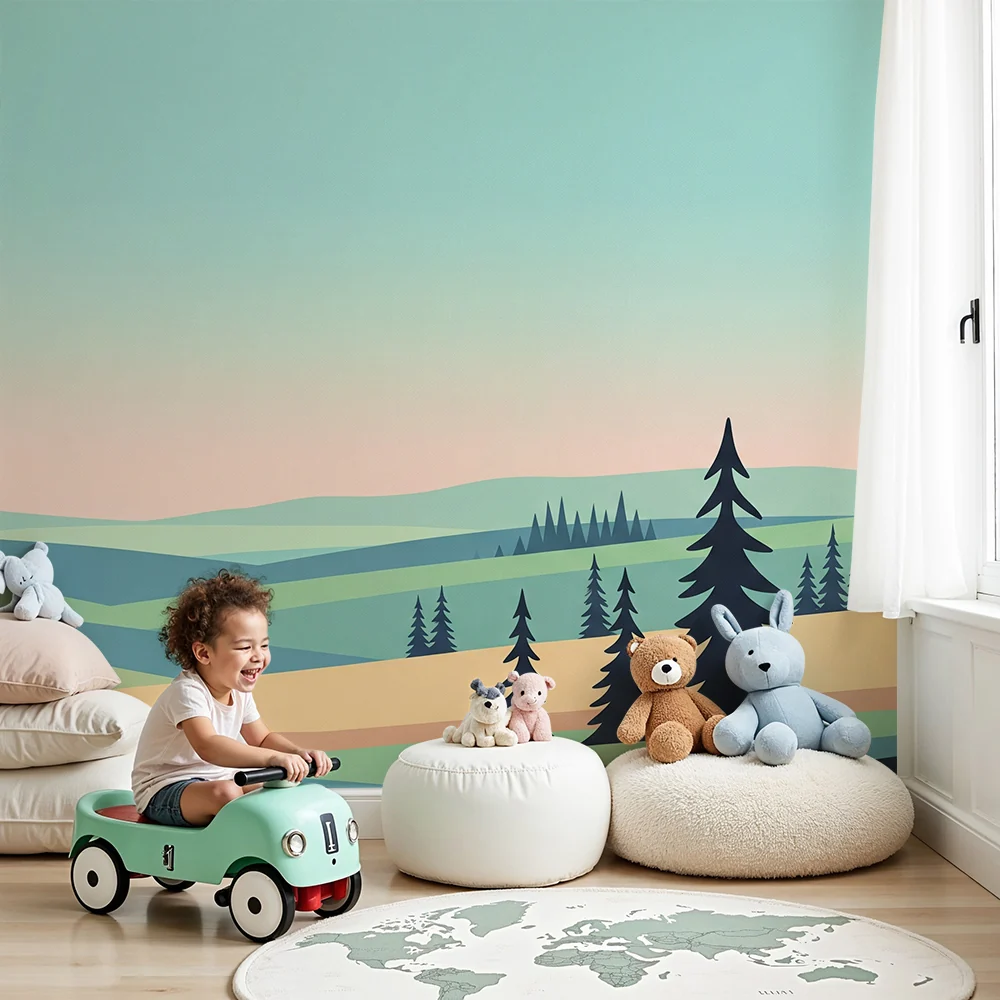 Papel de parede crianç | Paisagem serena com florestas estilizadas e colinas suaves
