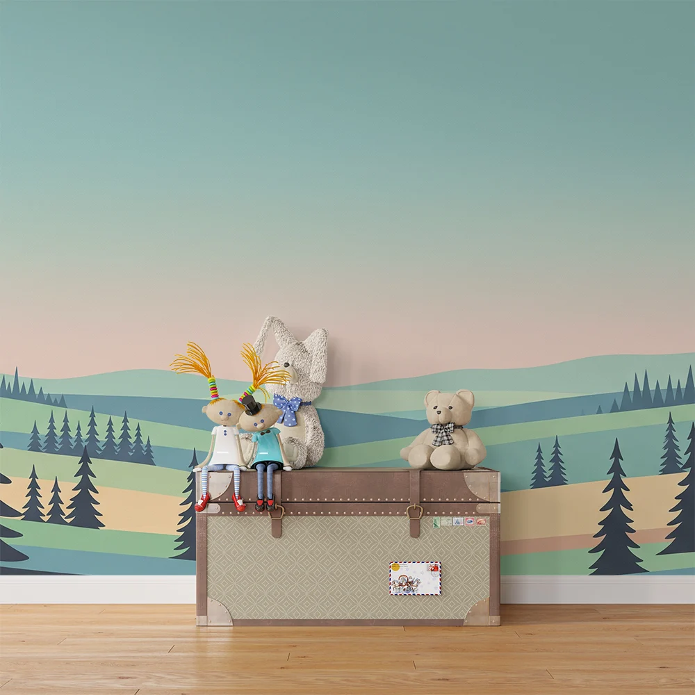 Papel de parede crianç | Paisagem serena com florestas estilizadas e colinas suaves