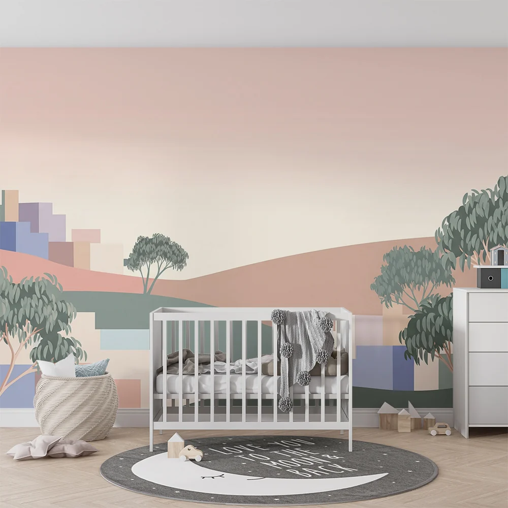 Papel de parede crianç | Paisagem suave com colinas e árvores estilizadas