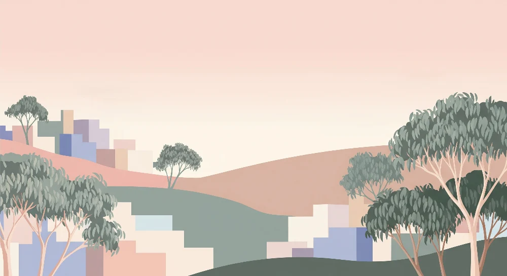 Papel de parede crianç | Paisagem suave com colinas e árvores estilizadas