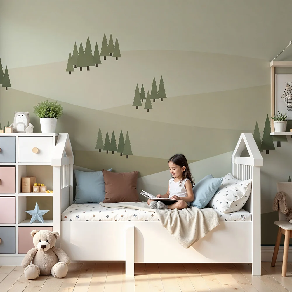 Papel de parede crianç | Paisagem suave com colinas e pinheiros estilizados