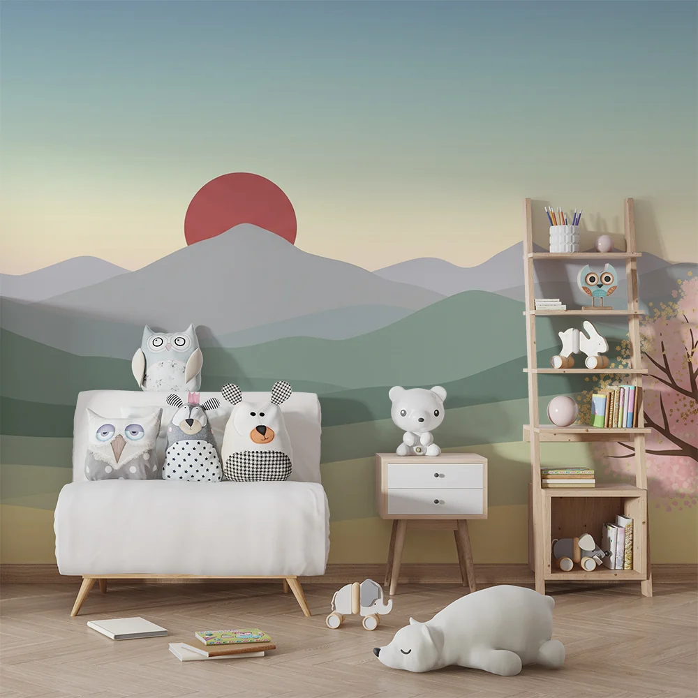 Papel de parede crianç | Paisagem tranquila com montanhas e cerejeiras em flor
