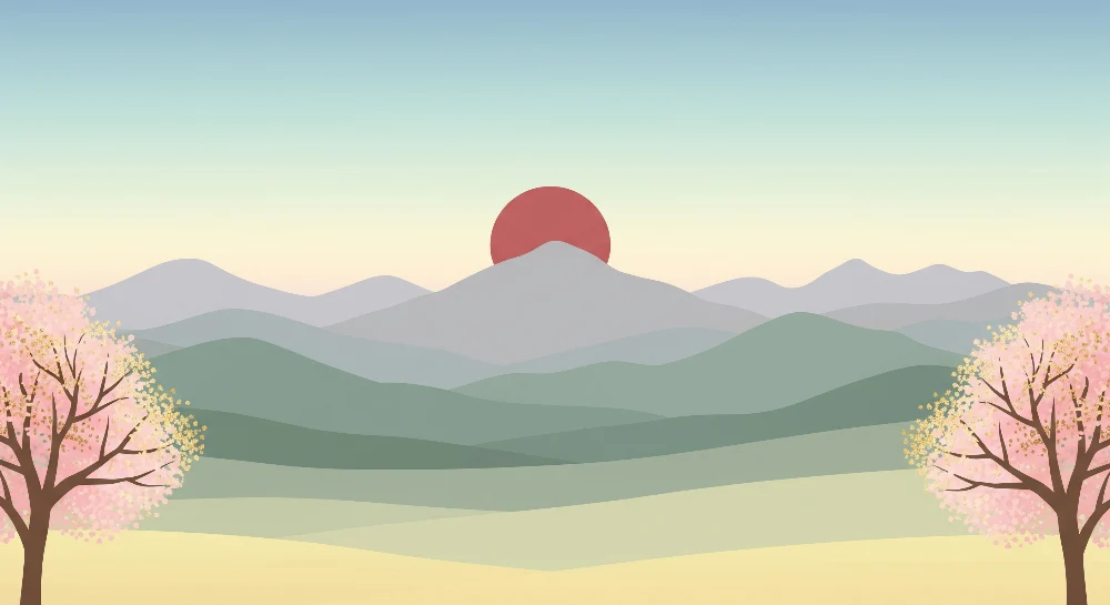 Papel de parede crianç | Paisagem tranquila com montanhas e cerejeiras em flor