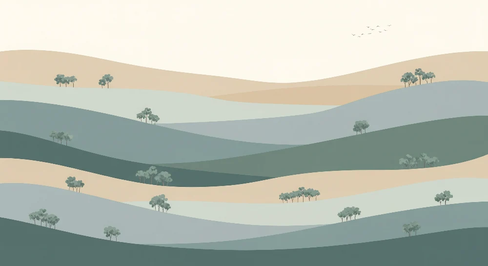 Papel de parede crianç | Paisagens onduladas com árvores em tons suaves