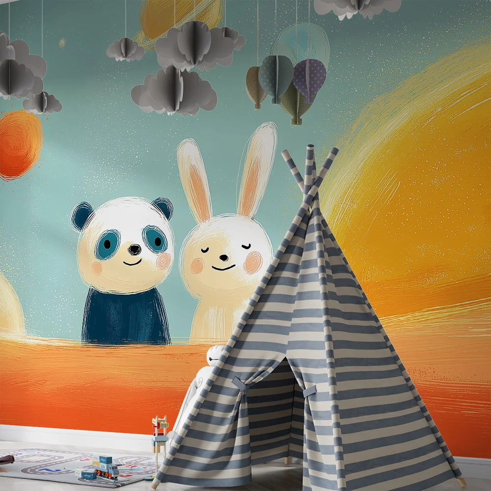 Papel de parede crianç | Panda e coelho exploradores do espaço