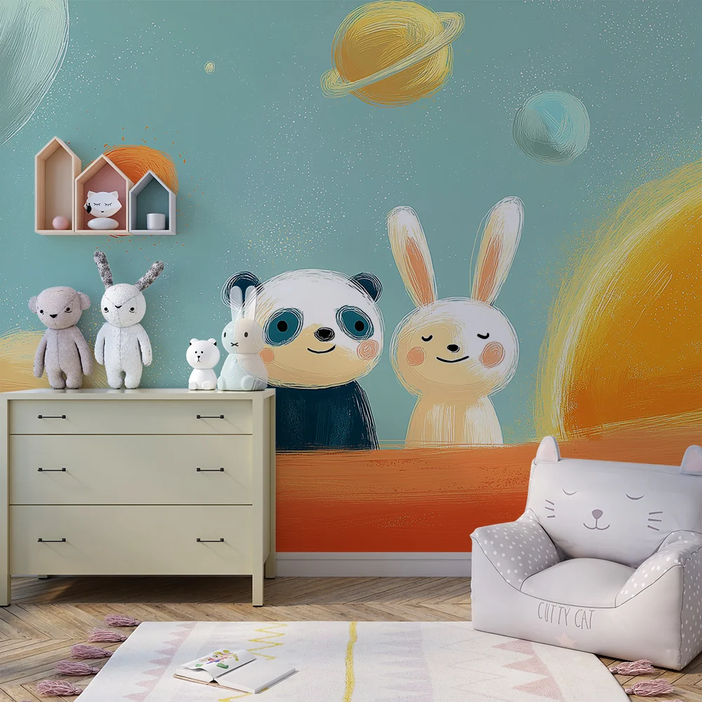 Papel de parede crianç | Panda e coelho exploradores do espaço