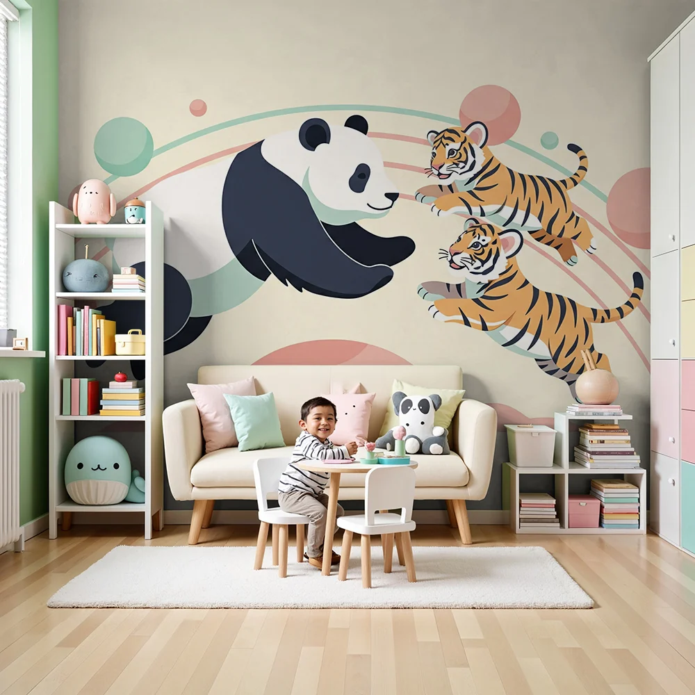 Papel de parede crianç | Panda feliz e tigres travessos sob um arco-íris colorido