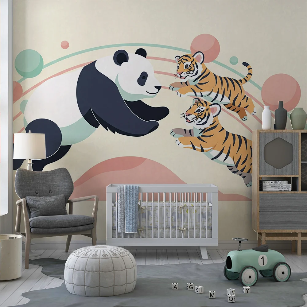 Papel de parede crianç | Panda feliz e tigres travessos sob um arco-íris colorido