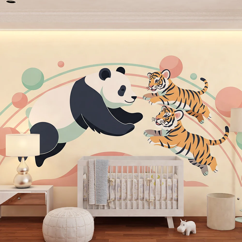 Papel de parede crianç | Panda feliz e tigres travessos sob um arco-íris colorido