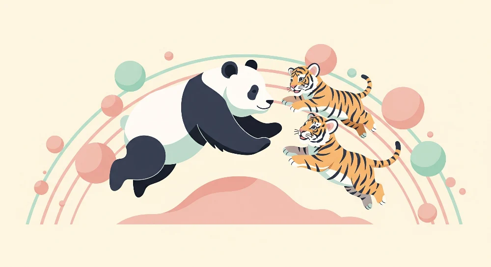 Papel de parede crianç | Panda feliz e tigres travessos sob um arco-íris colorido