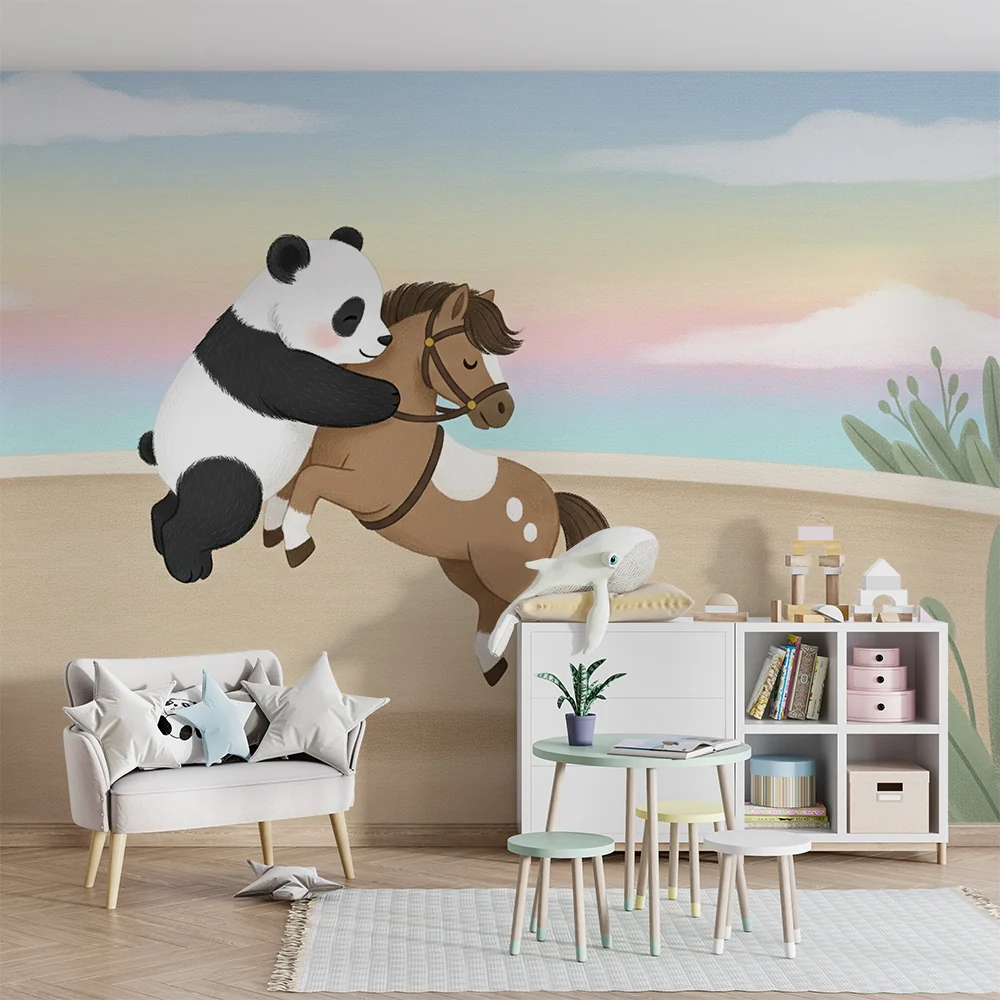 Papel de parede crianç | Panda jogador e cavalo feliz