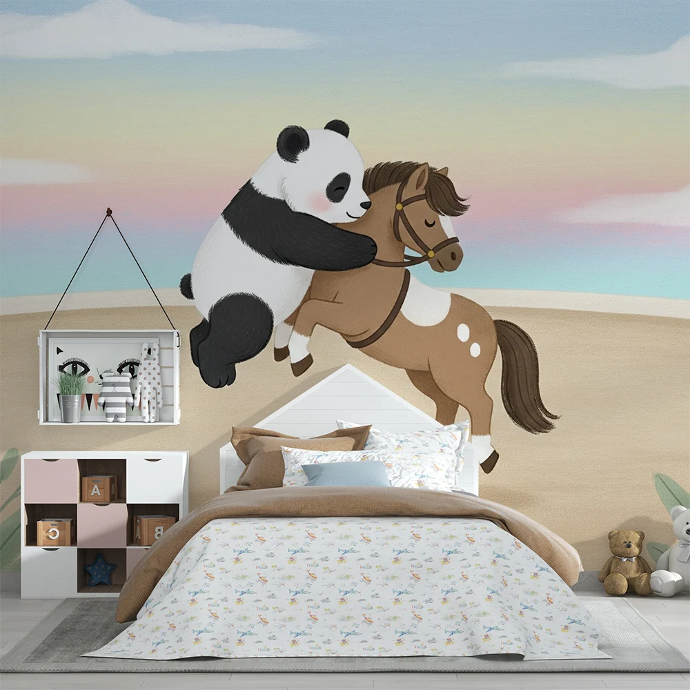 Papel de parede crianç | Panda jogador e cavalo feliz