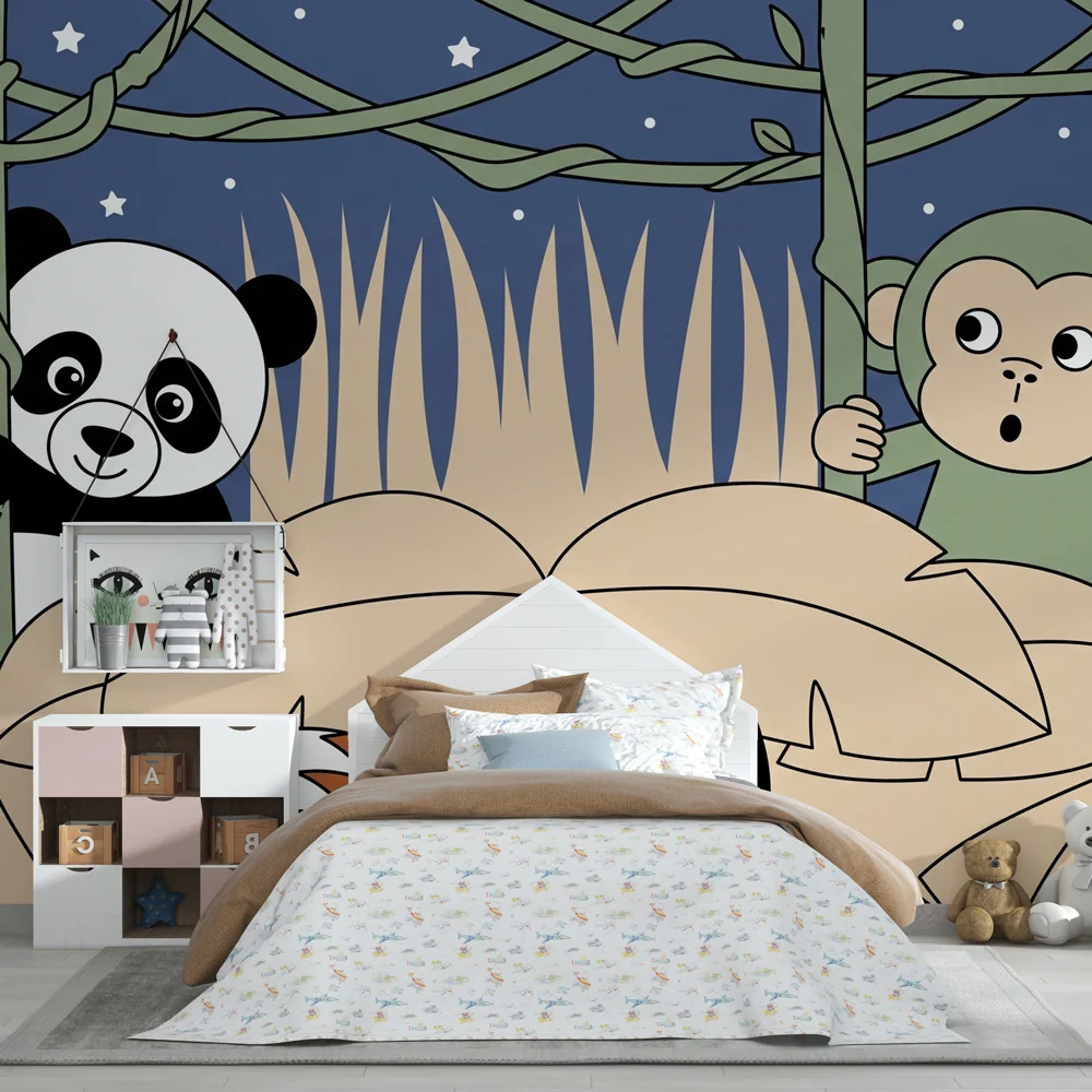 Papel de parede crianç | Panda e macaco na selva noturna
