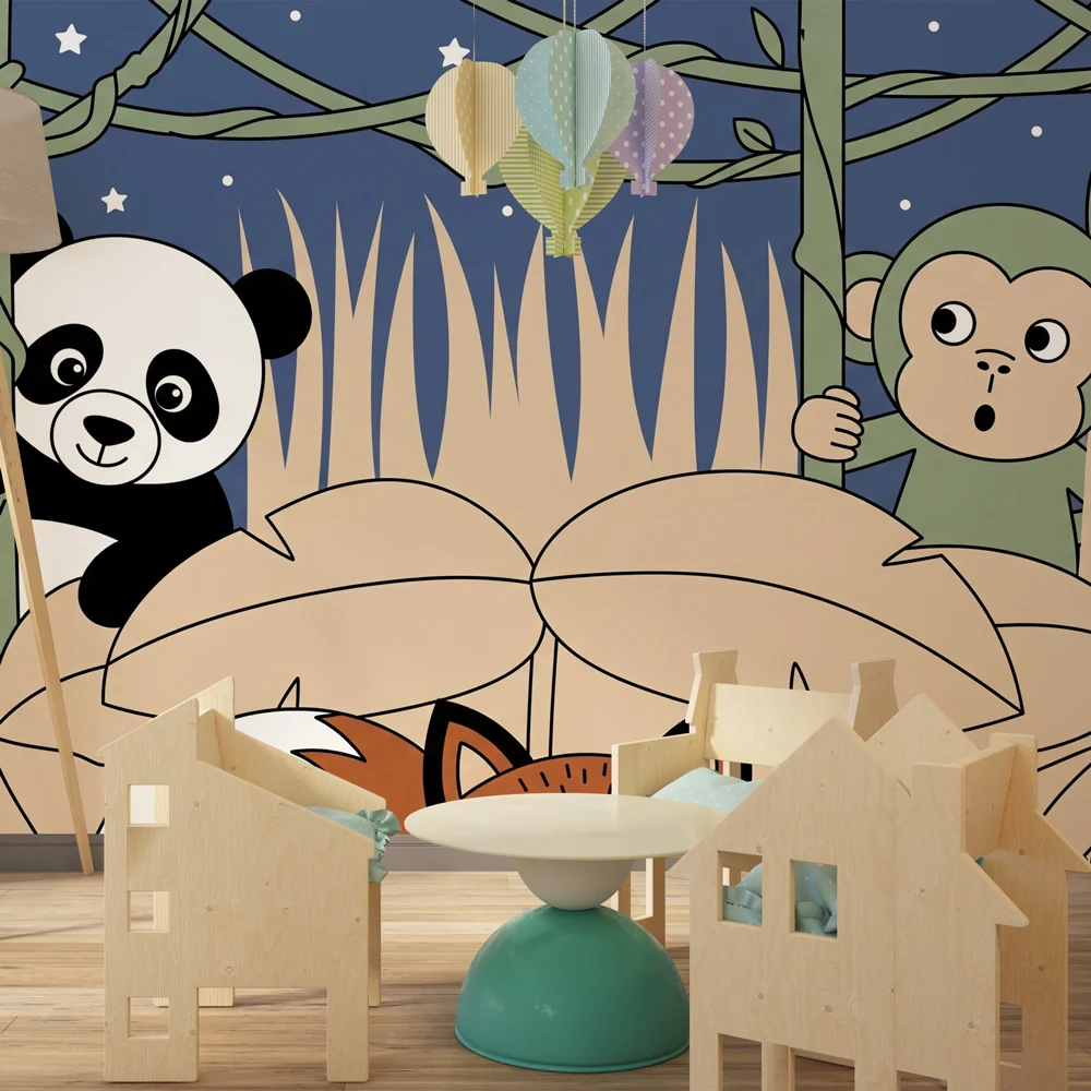 Papel de parede crianç | Panda e macaco na selva noturna