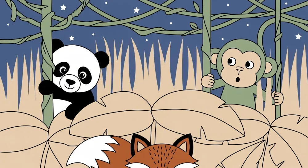 Papel de parede crianç | Panda e macaco na selva noturna