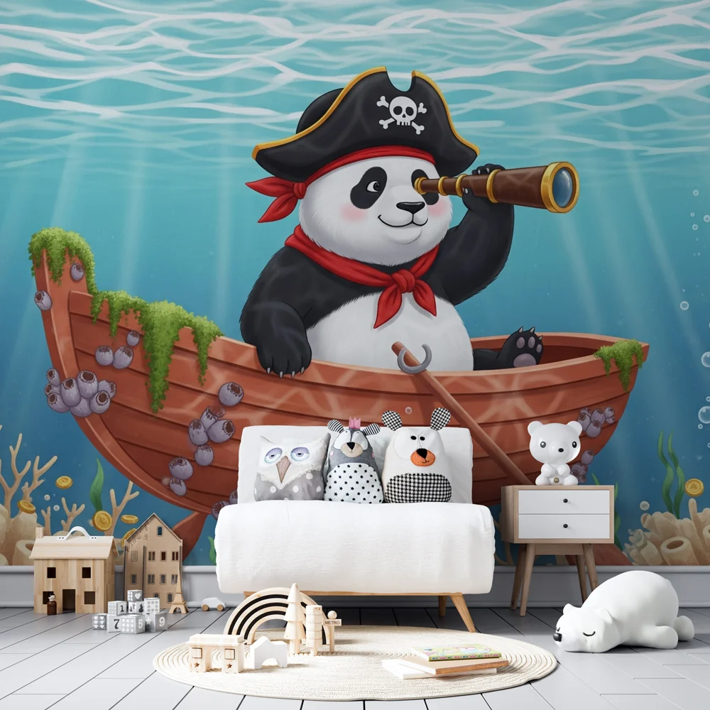 Papel de parede crianç | Panda pirata em busca de tesouros subaquáticos