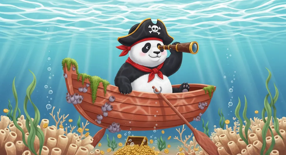Papel de parede crianç | Panda pirata em busca de tesouros subaquáticos