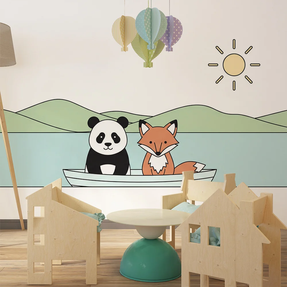 Papel de parede crianç | Panda e raposa em um barco em um lago tranquilo