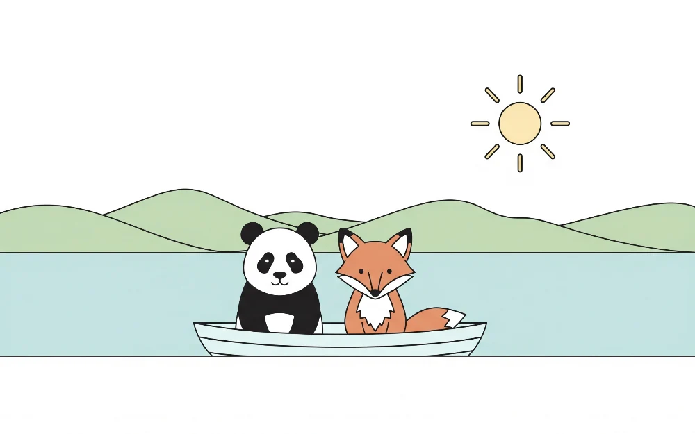 Papel de parede crianç | Panda e raposa em um barco em um lago tranquilo