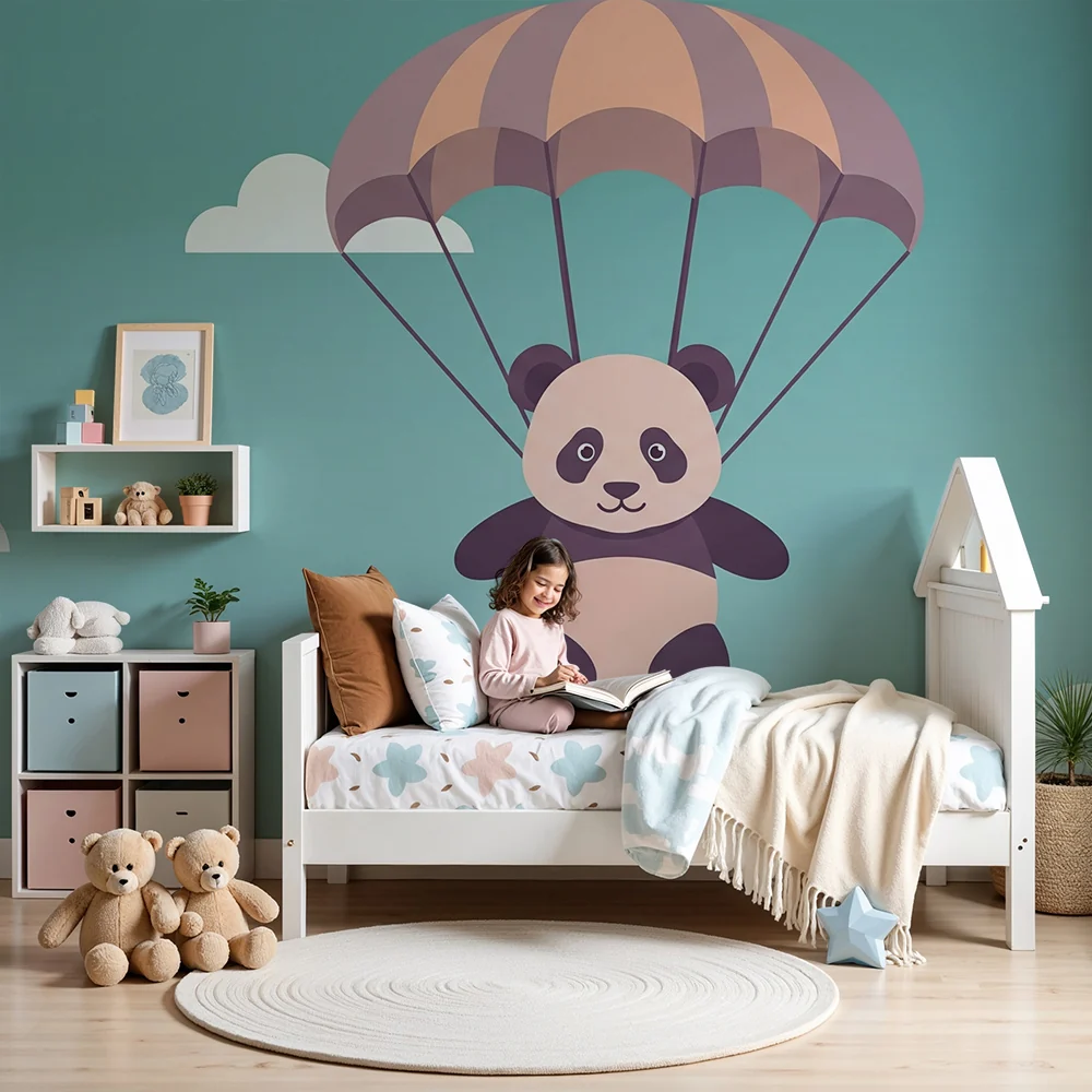 Papel de parede crianç | Panda simpático de paraquedas