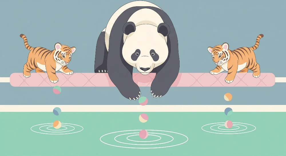 Papel de parede crianç | Panda e tigres brincar à beira da água