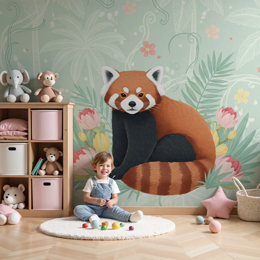 Papel de parede crianç | Panda vermelho e selva floral