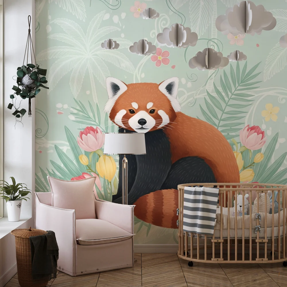 Papel de parede crianç | Panda vermelho e selva floral