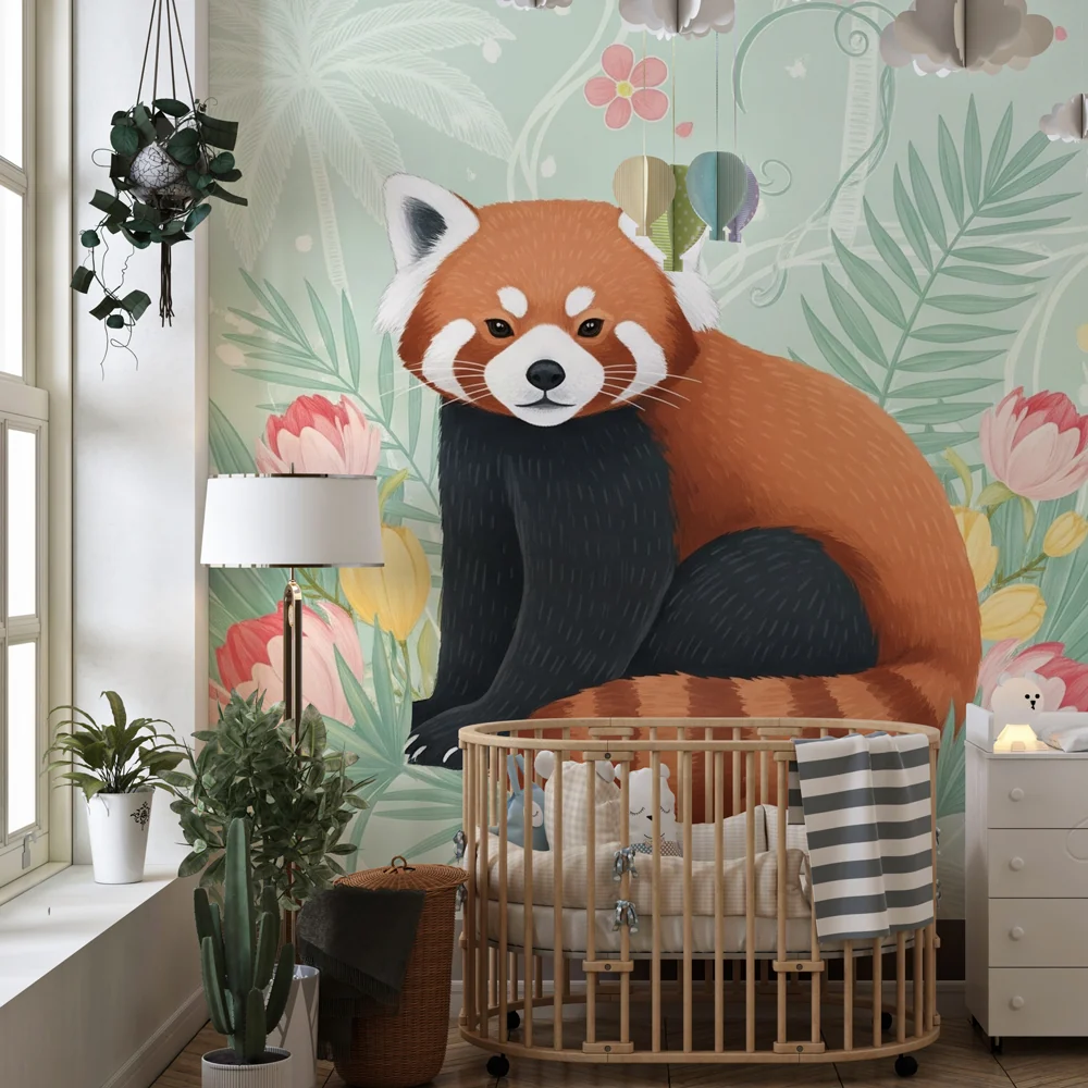 Papel de parede crianç | Panda vermelho e selva floral
