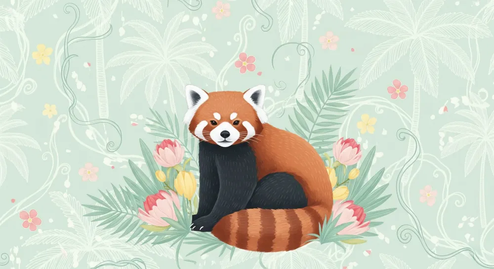 Papel de parede crianç | Panda vermelho e selva floral