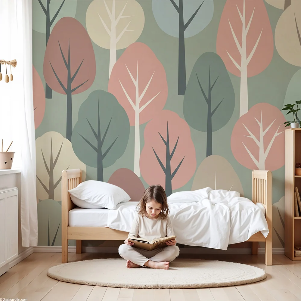Papel de parede crianç | Pastel floresta com lindas árvores pequenas