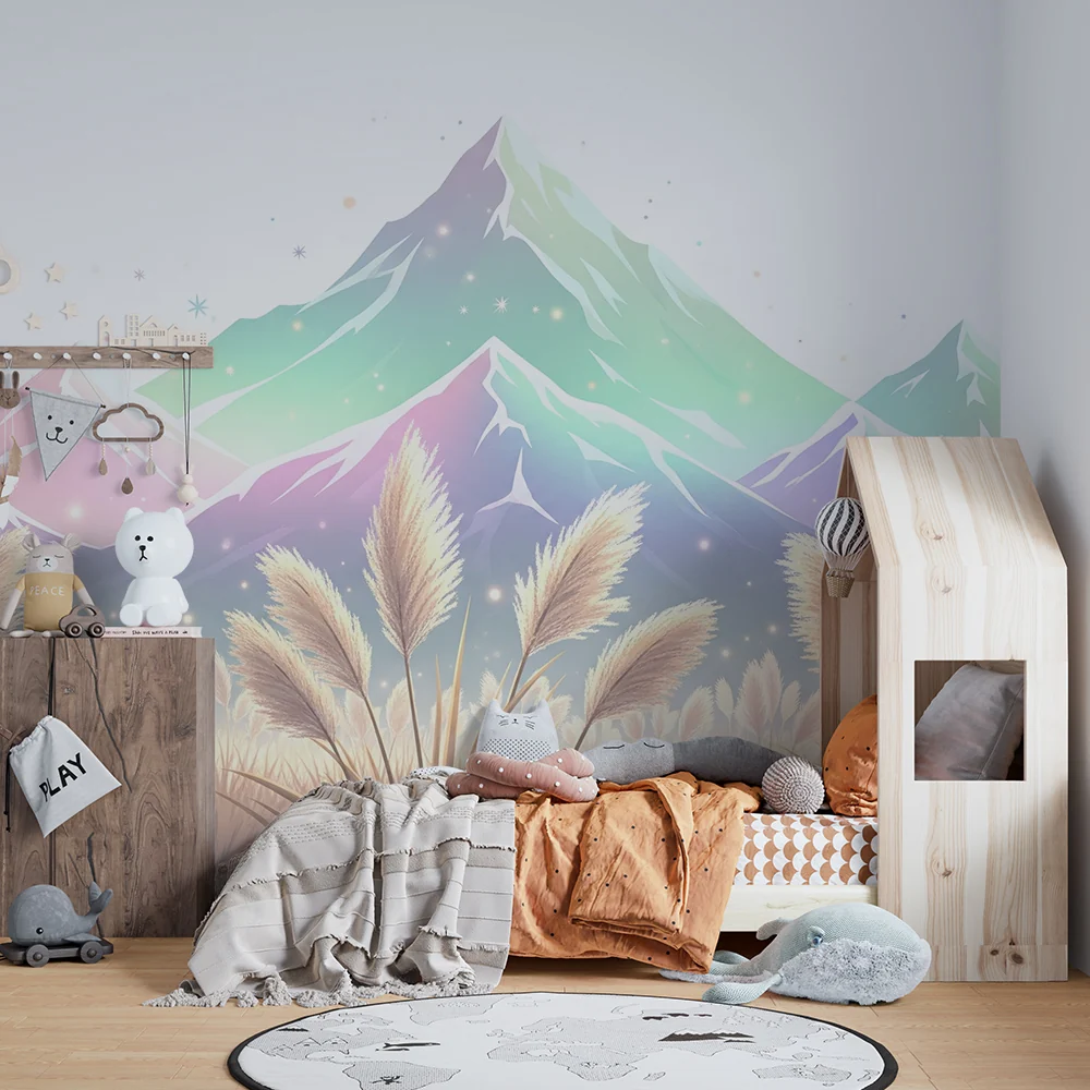 Papel de parede crianç | Pastel mountains and golden fields under starry sky