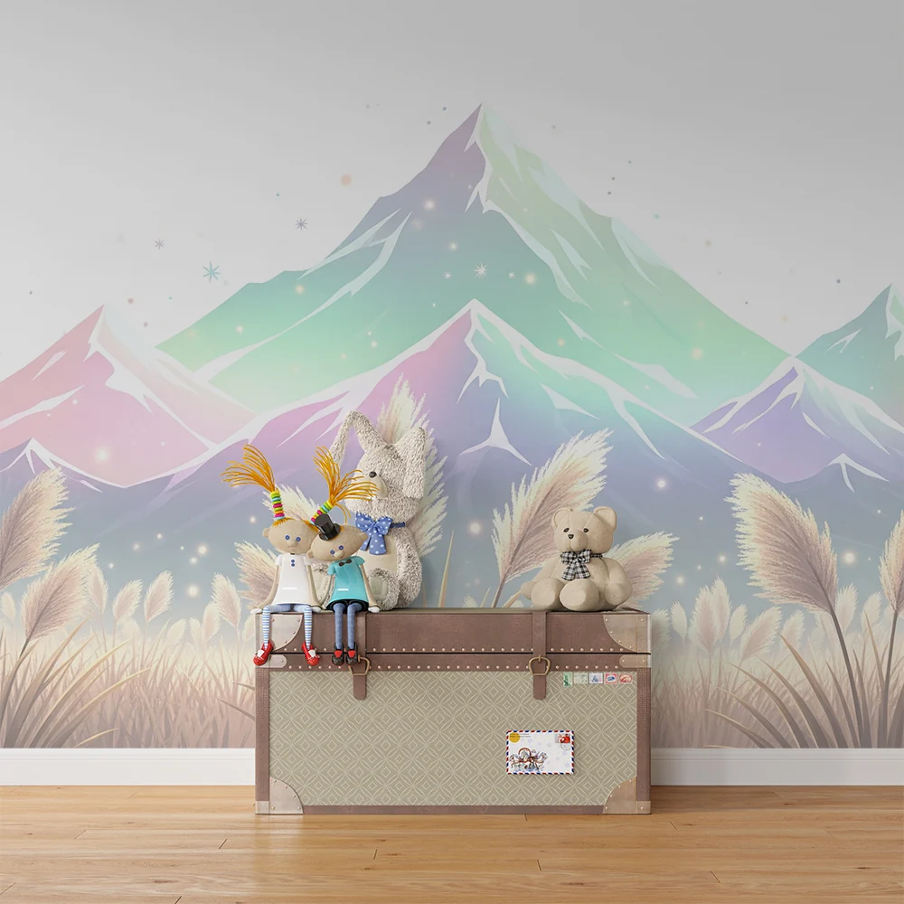 Papel de parede crianç | Pastel mountains and golden fields under starry sky