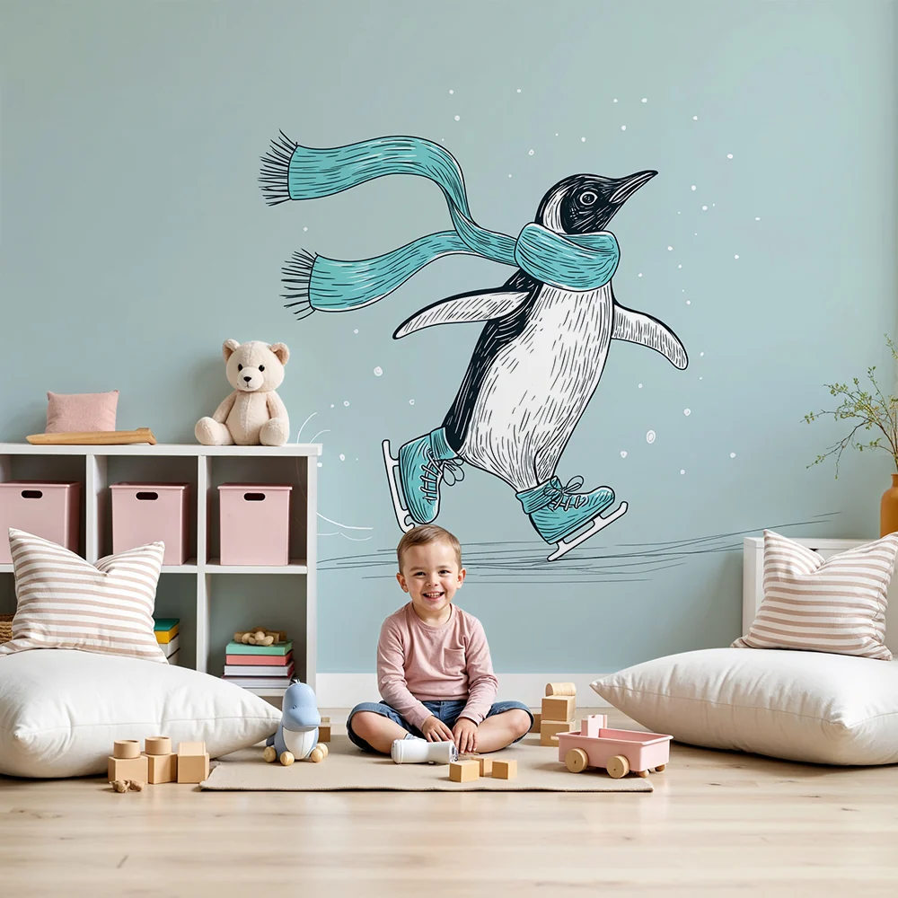 Papel de parede crianç | Patinador de pinguim com cachecol em um cenário de inverno