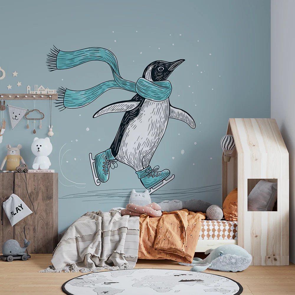 Papel de parede crianç | Patinador de pinguim com cachecol em um cenário de inverno