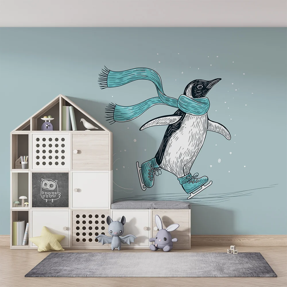 Papel de parede crianç | Patinador de pinguim com cachecol em um cenário de inverno